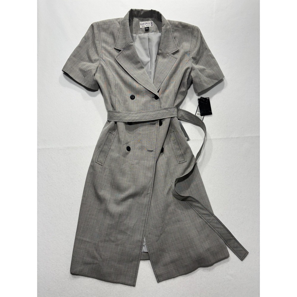Kasper ASL Jacket Dress Womens 14P Gray Plaid Short Sleeve Belted 7K36BP NEW